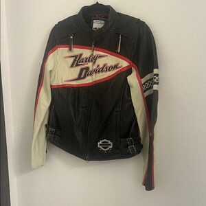 Harley-Davidson Black, Cream & Red Leather Motorcycle Jacket
